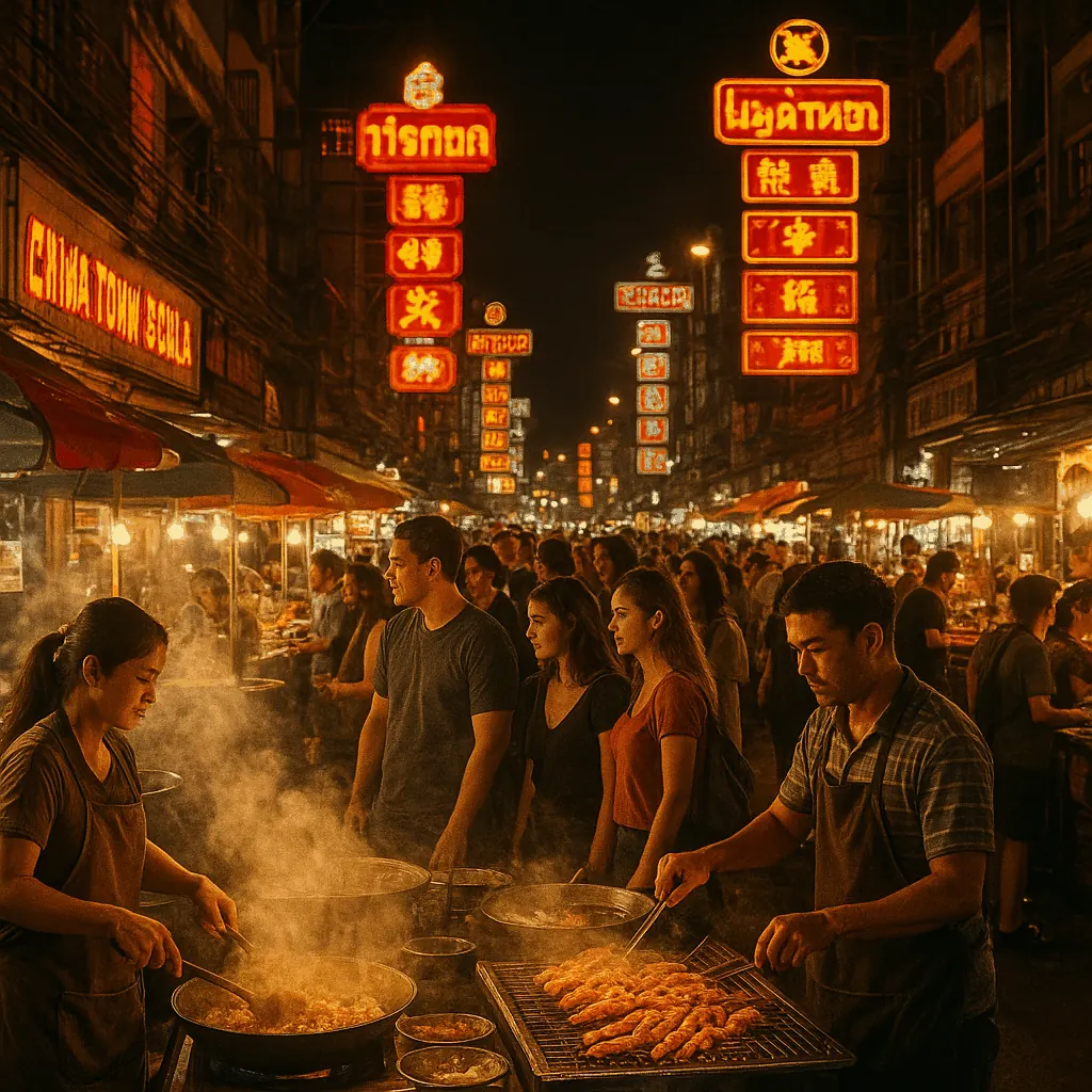 Night market street food stalls in Yaowarat (Bangkok Chinatown) with crowded lanes and vendors