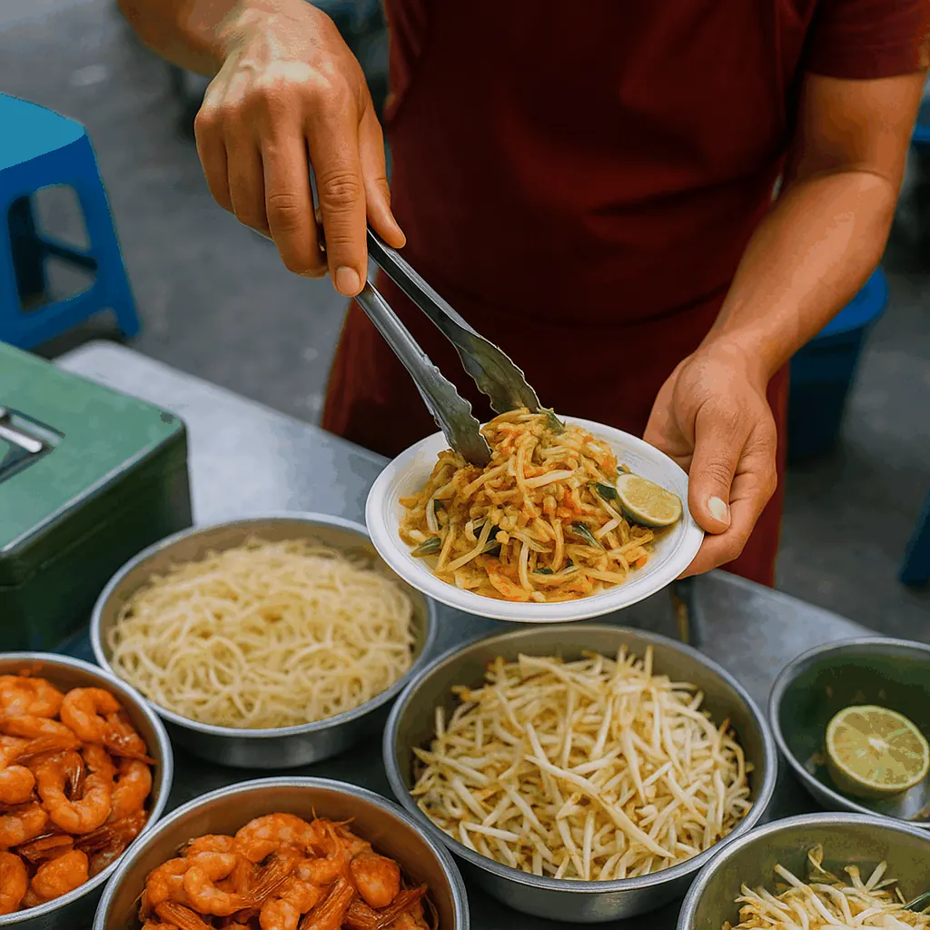 A vendor cooking hot noodles on a wok at a busy Bangkok street stall, demonstrating hygiene and