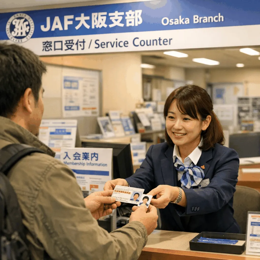 JAF service counter signage and office interior in Japan