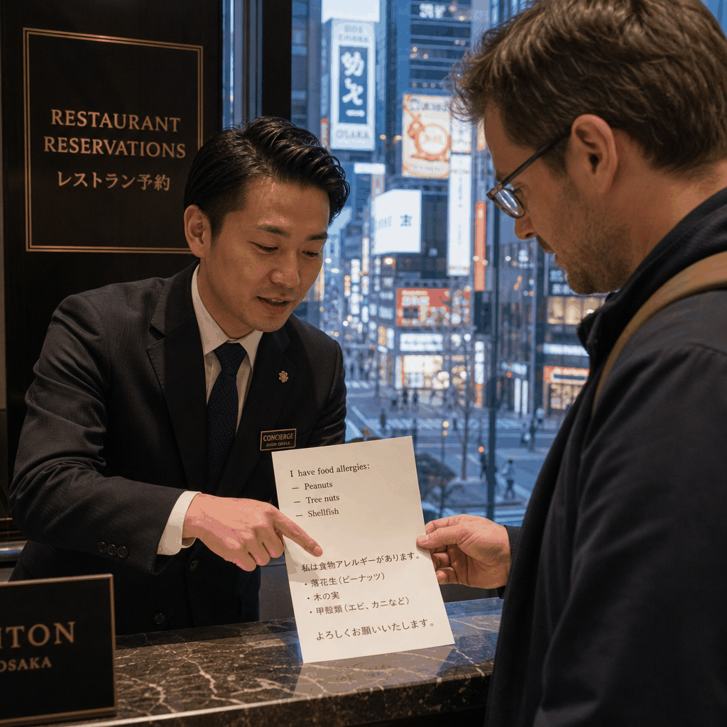 Hotel concierge helping a traveler confirm allergy-friendly dining options in Osaka