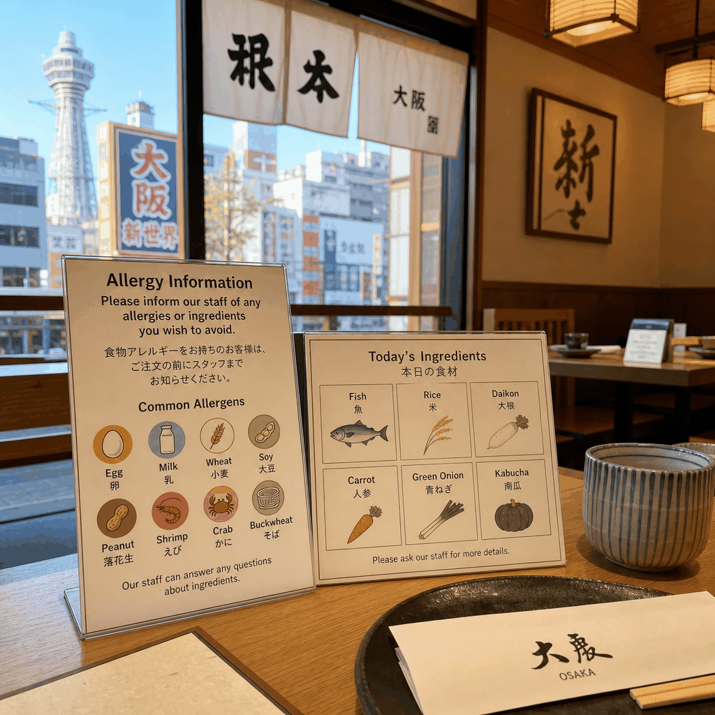 Osaka restaurant staff reviewing a written allergy note before dinner service
