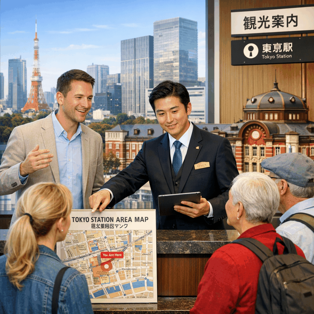 Hotel concierge desk in Tokyo with maps, train timetables and staff assisting a guest