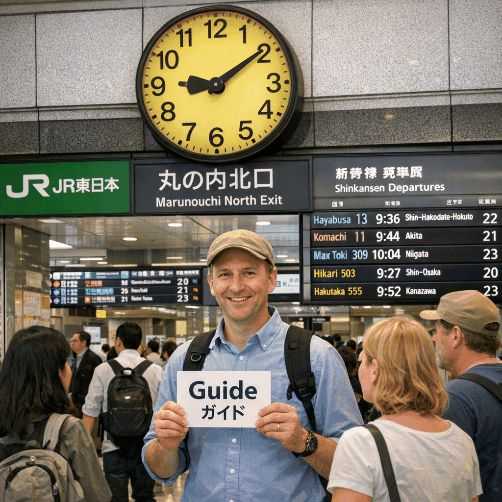 Exterior of Tokyo Station with travelers and signage near the Yaesu North exit