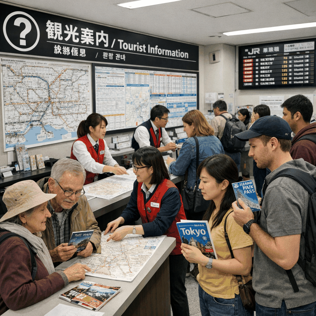 Concierge desk helping a guest, with Tokyo Station or airport signage visible in the background