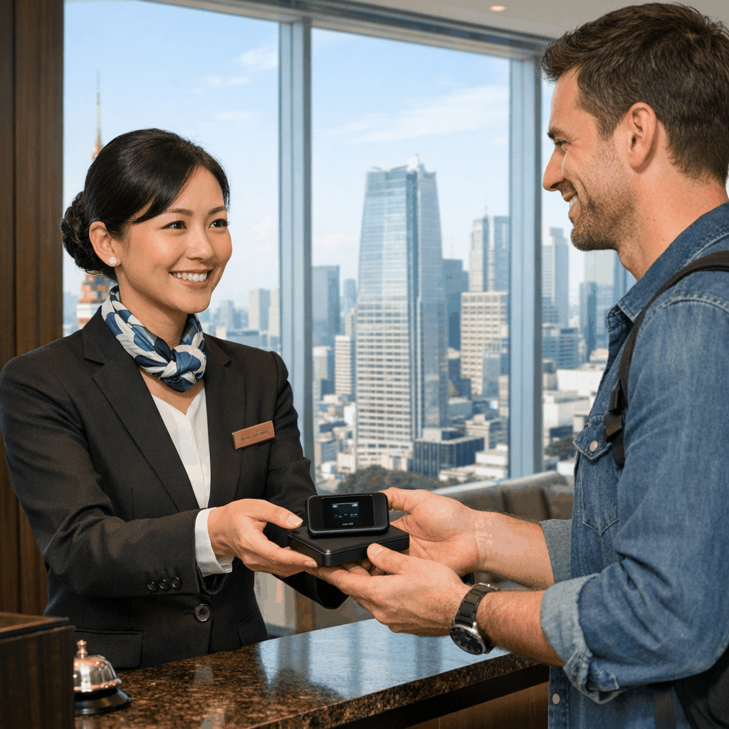 Hotel concierge desk in Tokyo arranging Wi‑Fi rental and airport pickup