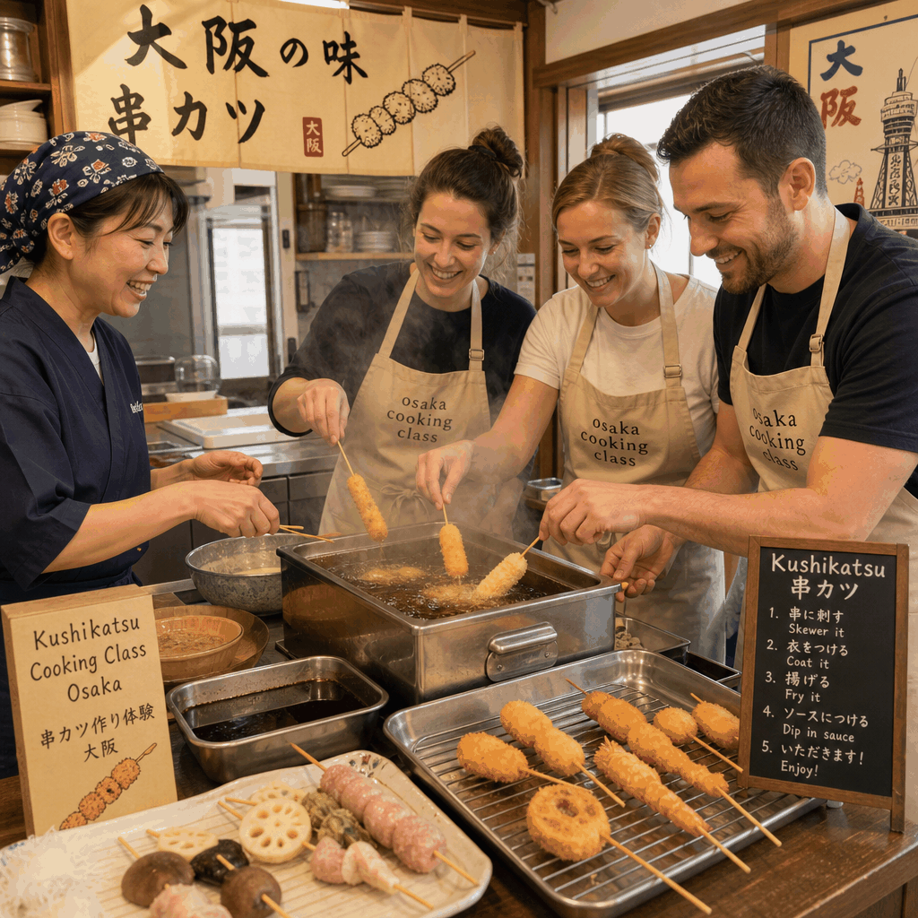 Hands-on kushikatsu skewers in an Osaka cooking experience