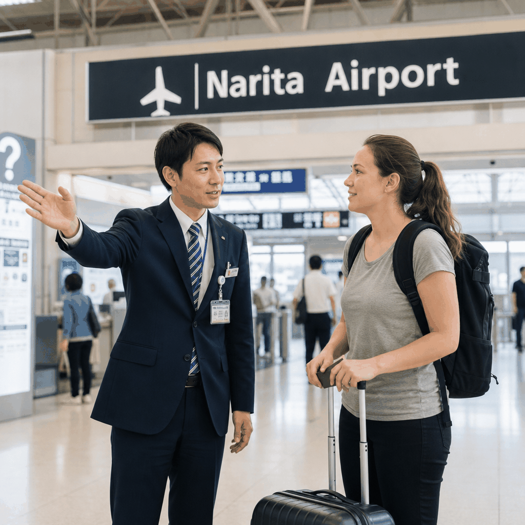 Traveler receiving airport assistance at Narita Airport for a Tokyo arrival