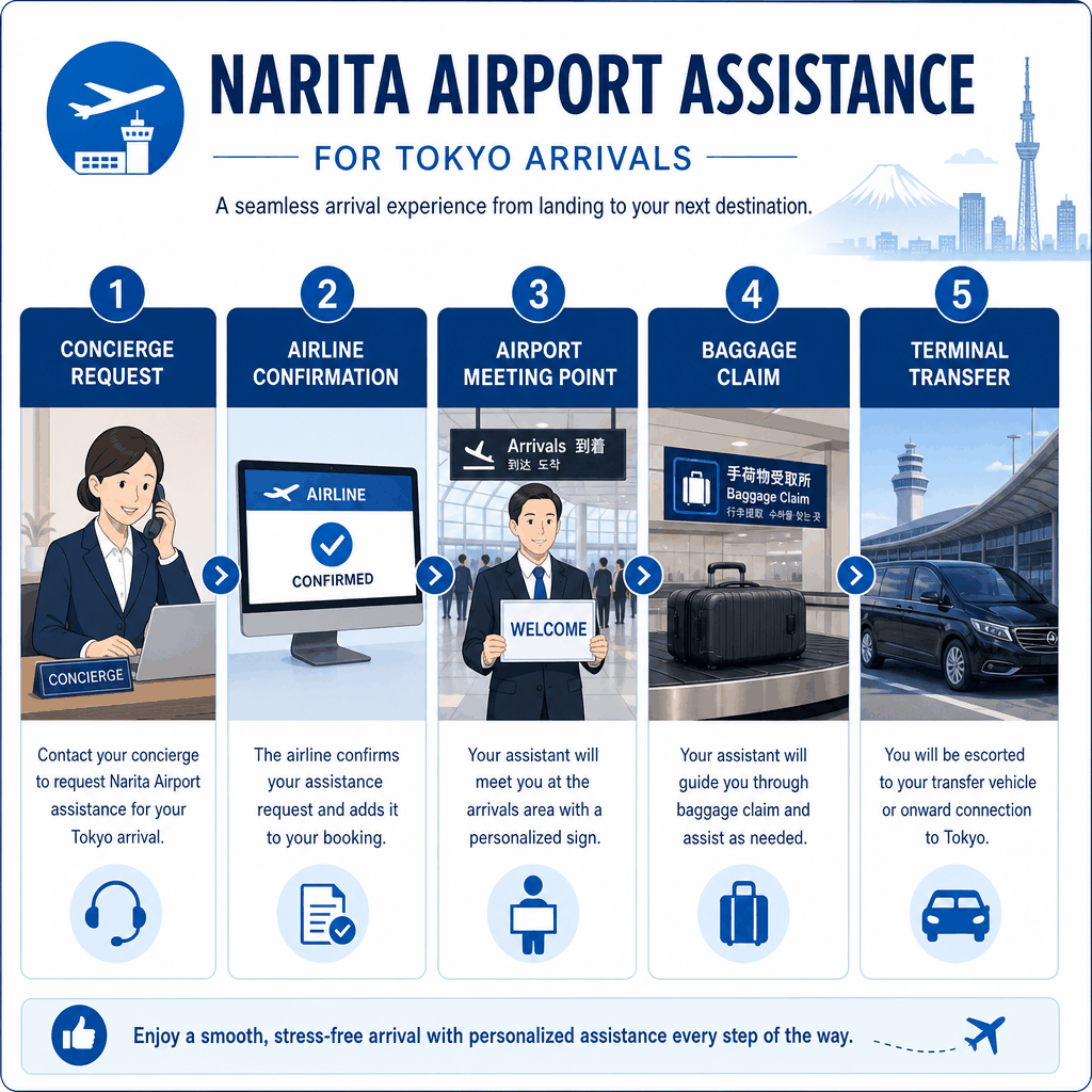 Concierge helping confirm Narita Airport assistance details before a Tokyo trip