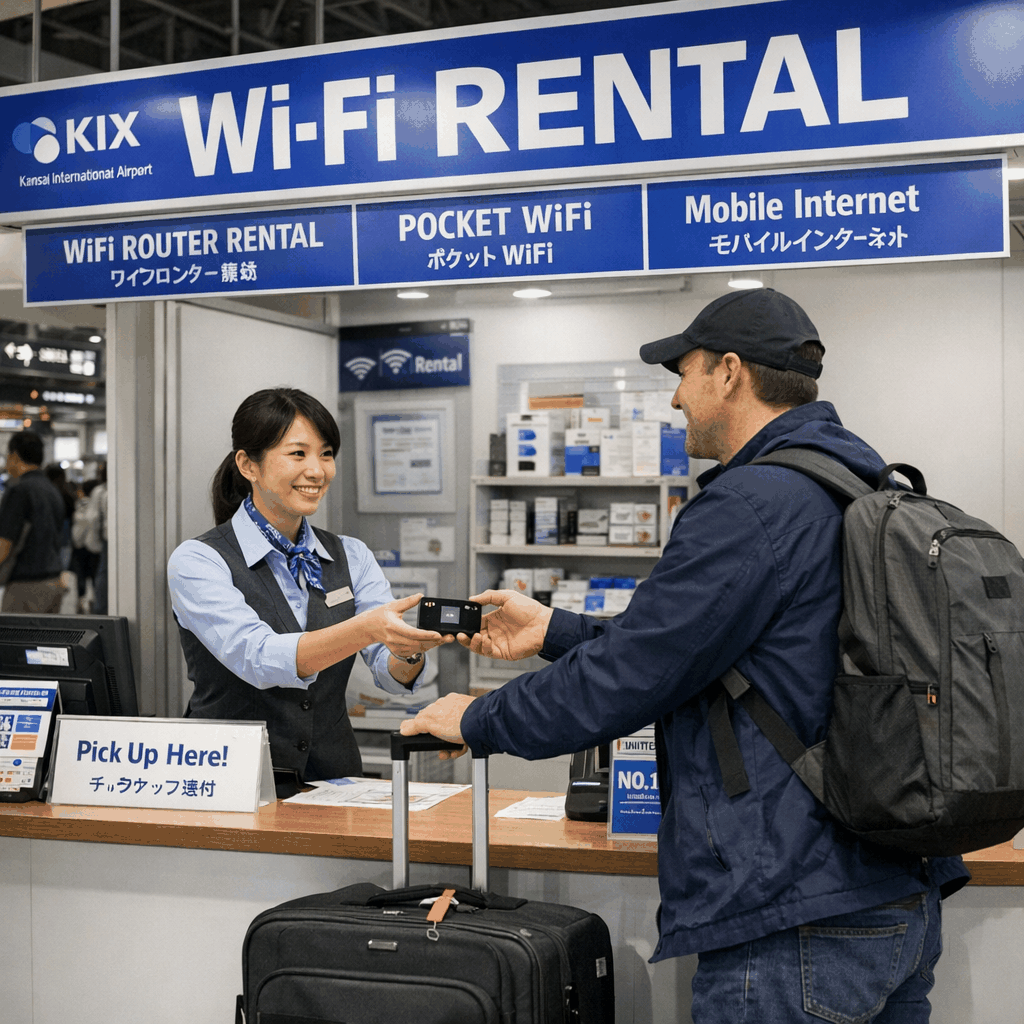 Kansai International Airport arrivals area with service counters for pocket Wi‑Fi