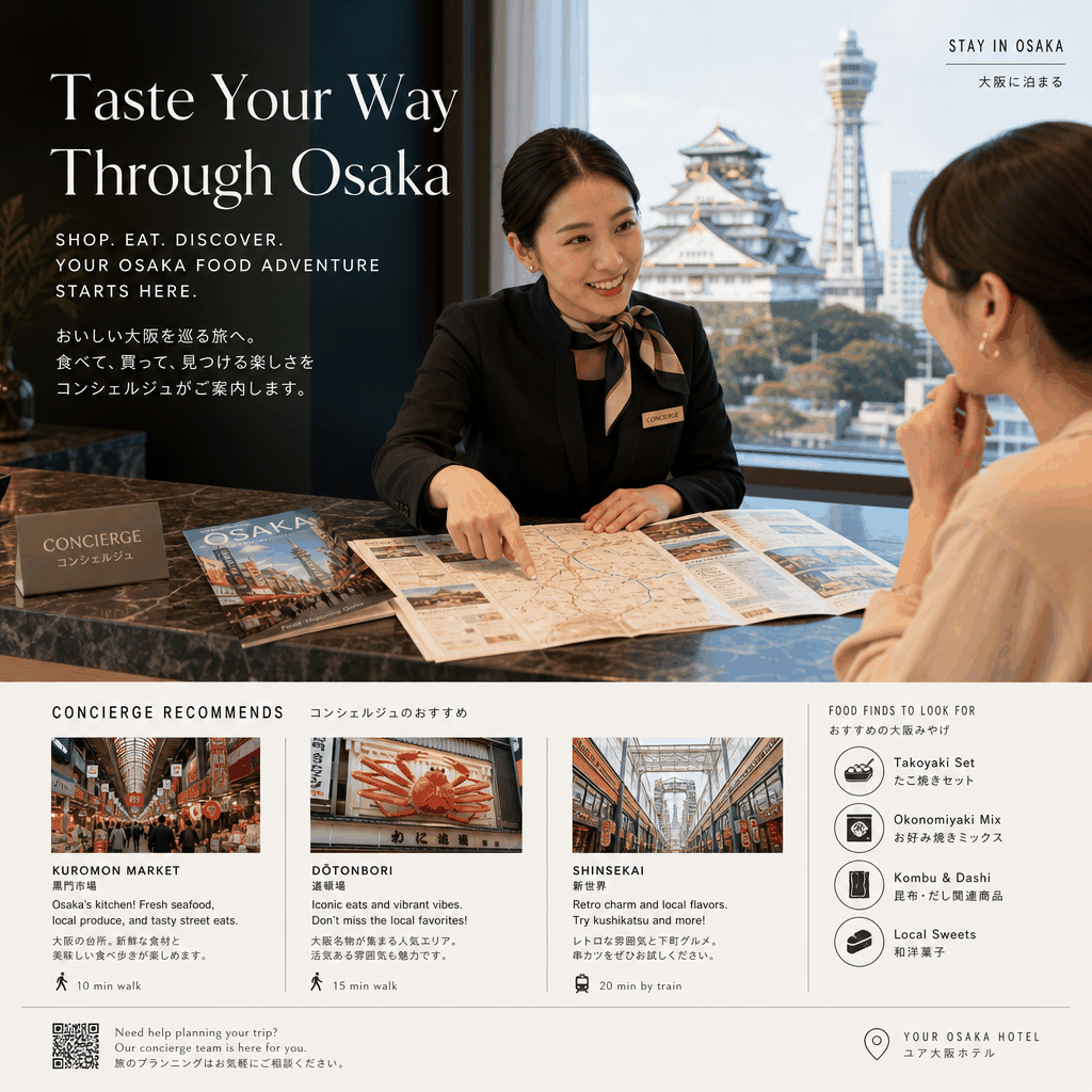 Osaka concierge helping a visitor plan a food market shopping stop in Kuromon Market