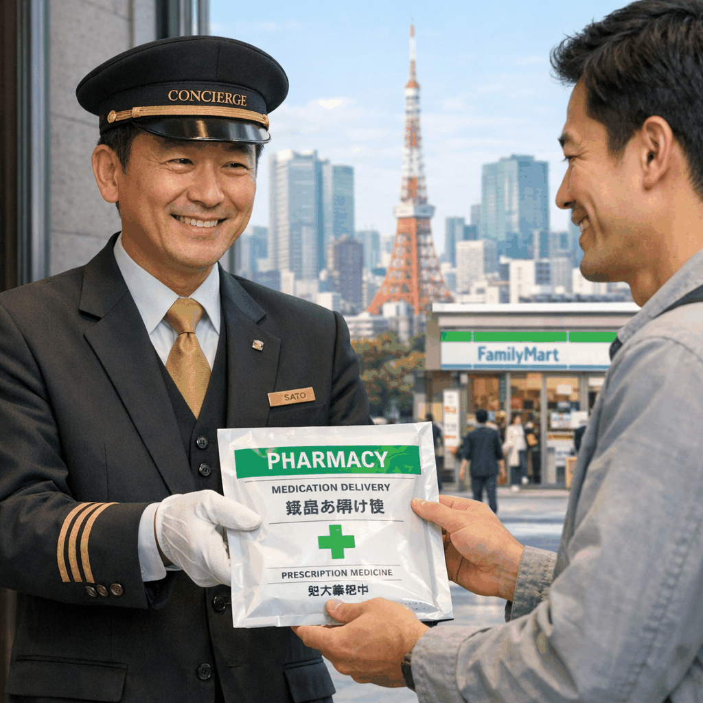 Concierge handing sealed medication in a Tokyo hotel lobby with city skyline visible through windows