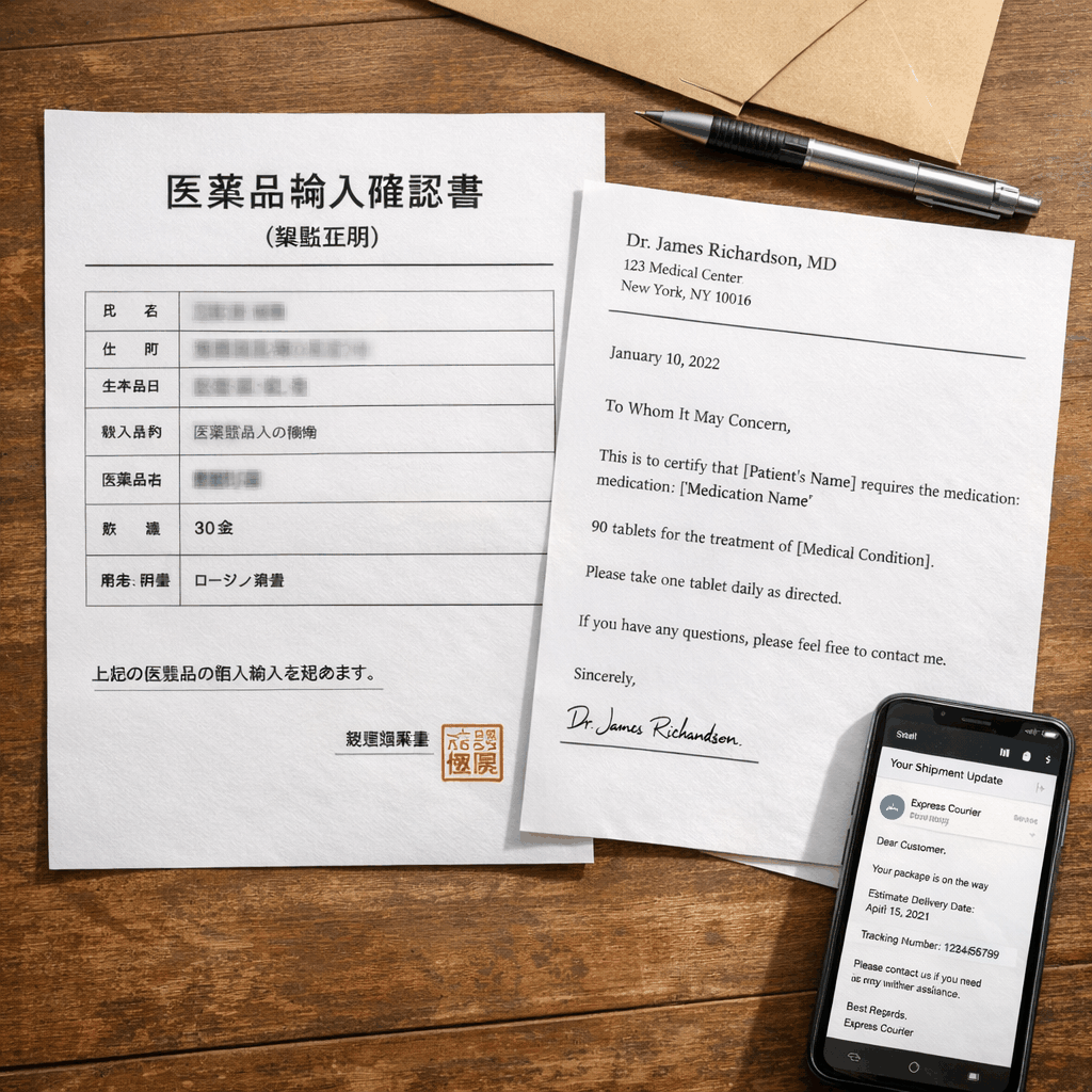 Medicines in original packaging with a printed prescription and paperwork ready for customs