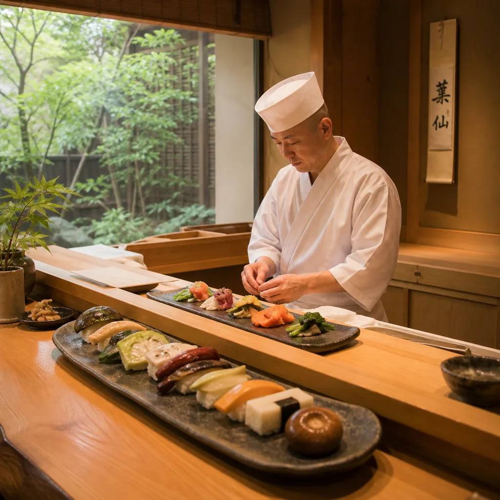 A vegetarian sushi omakase setting in Kyoto with seasonal vegetable nigiri and lacquered plates