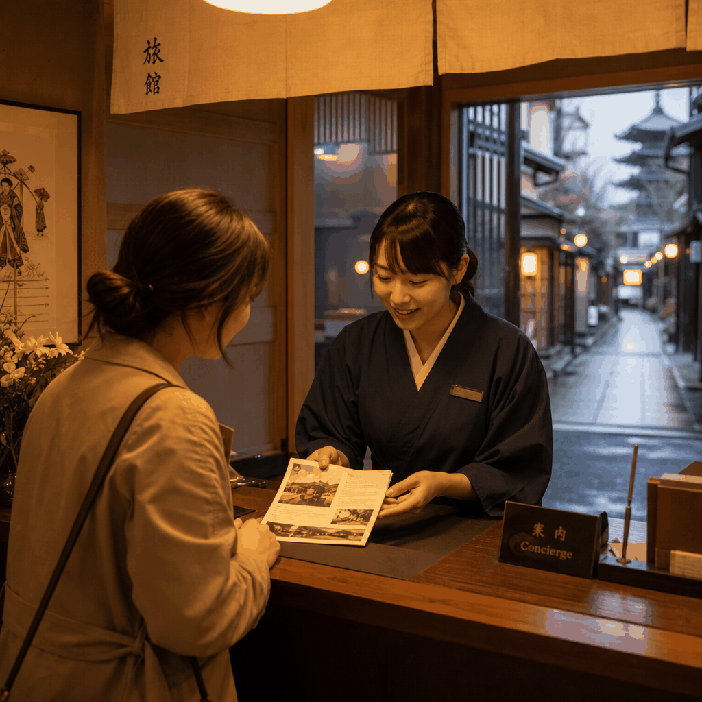 Kyoto concierge helping a traveler arrange a washoku cooking class in the city