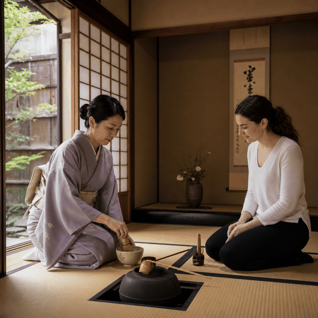 Kyoto tea ceremony room with tatami mats and matcha utensils