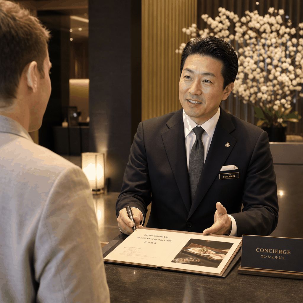 Tokyo hotel concierge helping a traveler reserve an English-friendly omakase counter in Ginza