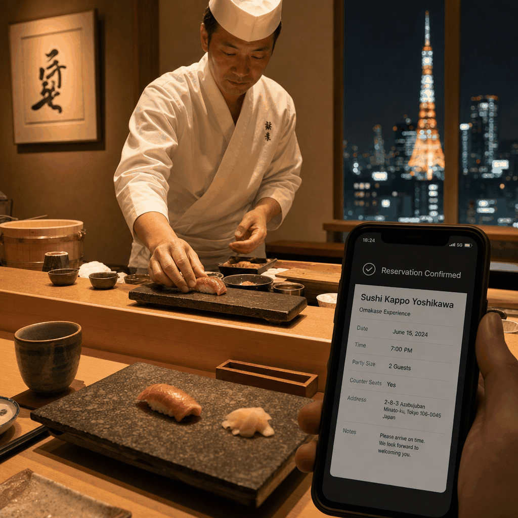Sushi omakase counter in Tokyo with English booking support and reservation details