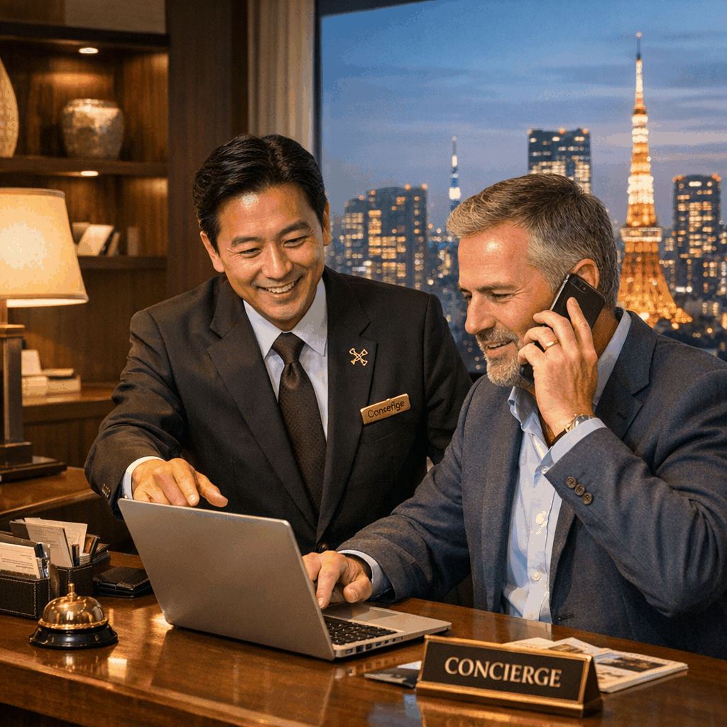 Hotel concierge desk in Tokyo assisting a guest with a medical referral