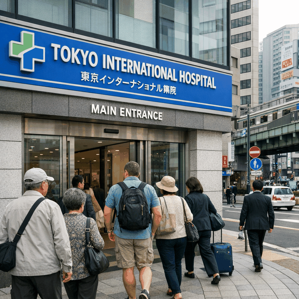 Exterior signage of an international medical facility in Tokyo, such as St. Luke's International