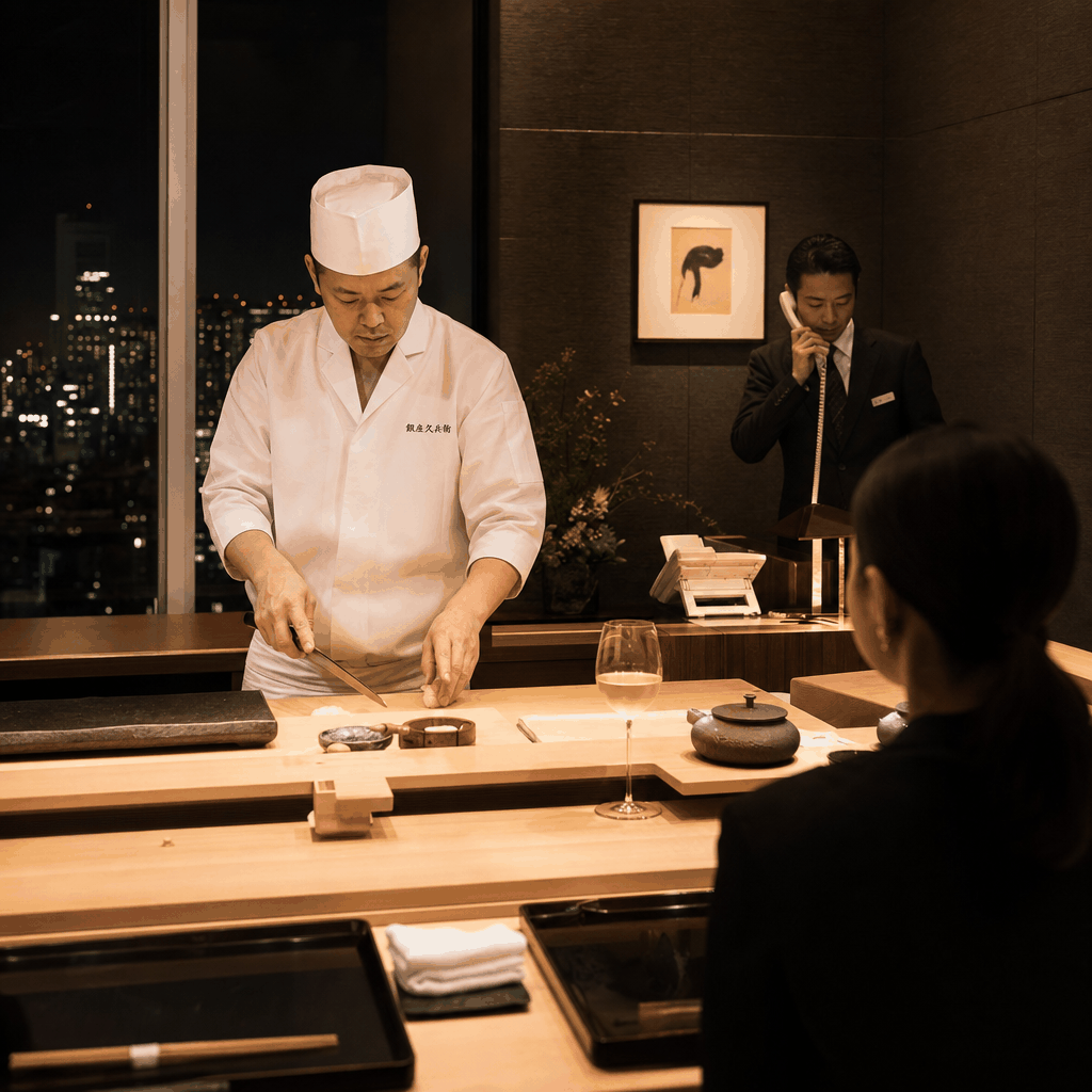 Hotel concierge checking same-day omakase reservations in Tokyo