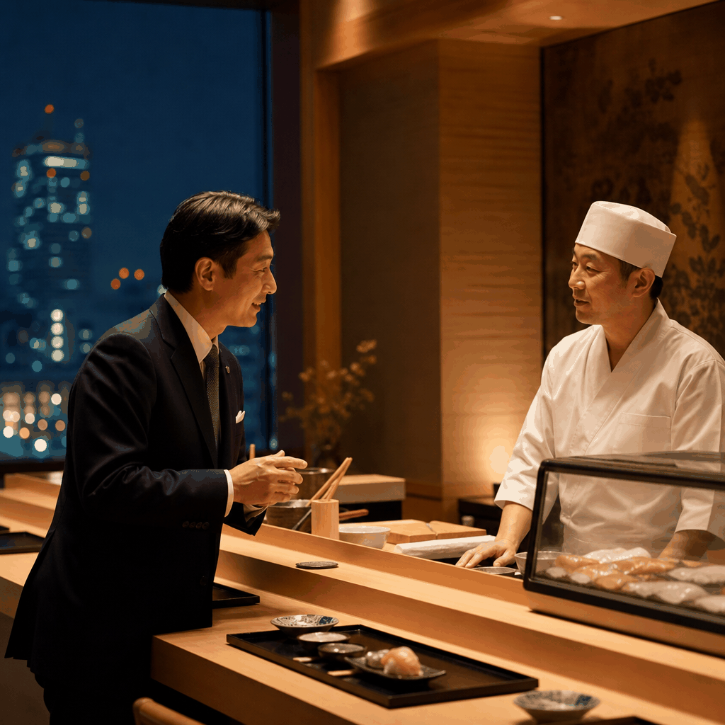 Tokyo sushi counter preparing omakase service for a diner with dietary restrictions