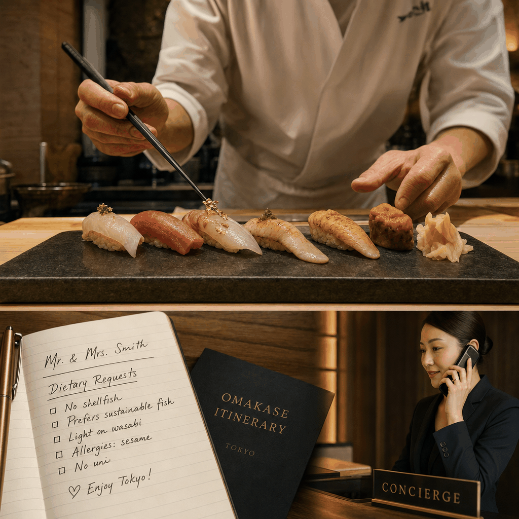 Hotel concierge in Tokyo confirming a restaurant reservation and dietary notes