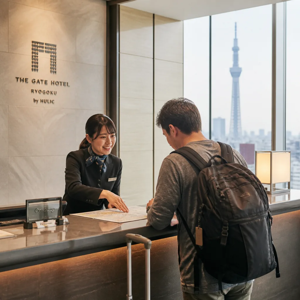 Tokyo hotel concierge arranging an early breakfast reservation before an airport departure.