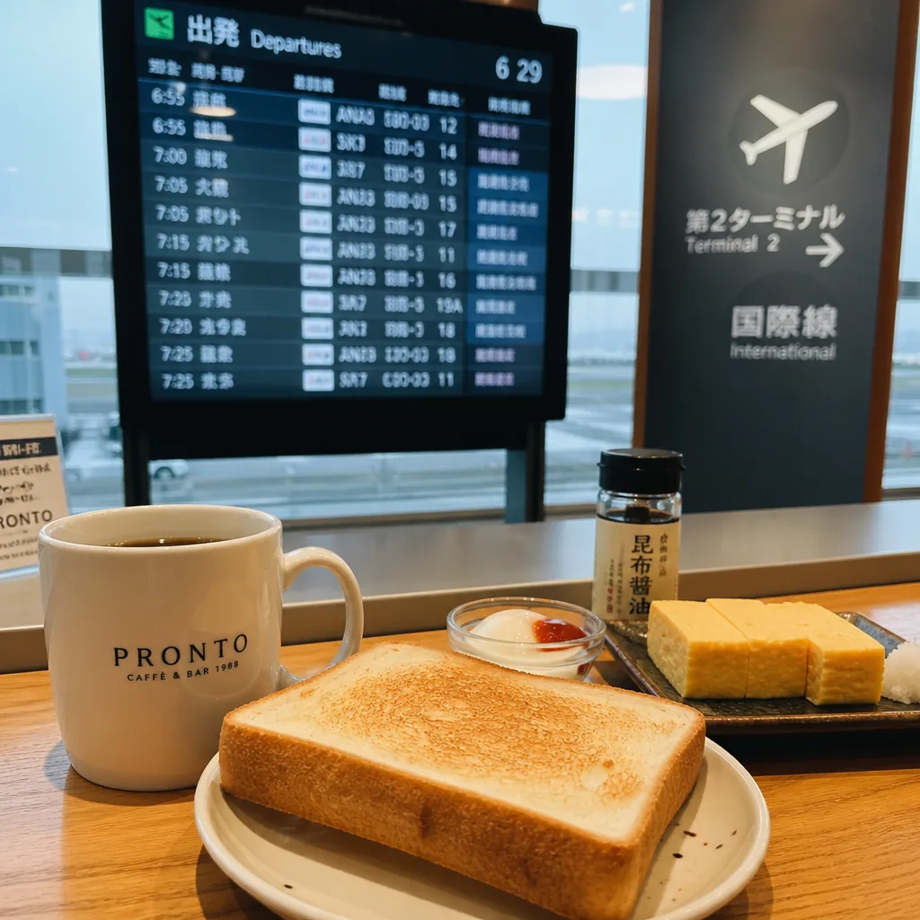 Early-morning breakfast options in Tokyo, including hotel dining and airport terminal cafés.