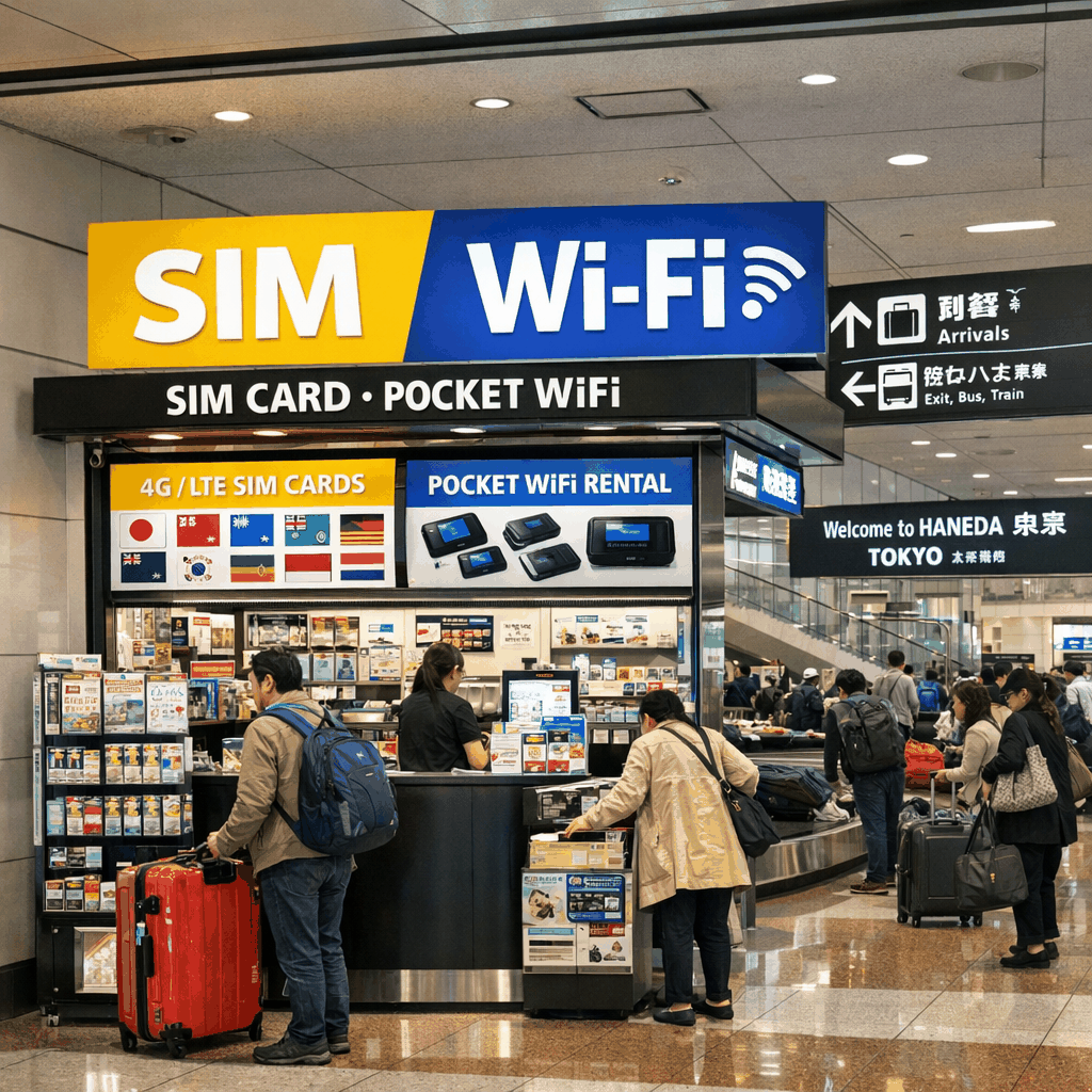 Arrival hall at Tokyo Haneda Airport with signage and travelers picking up purchases
