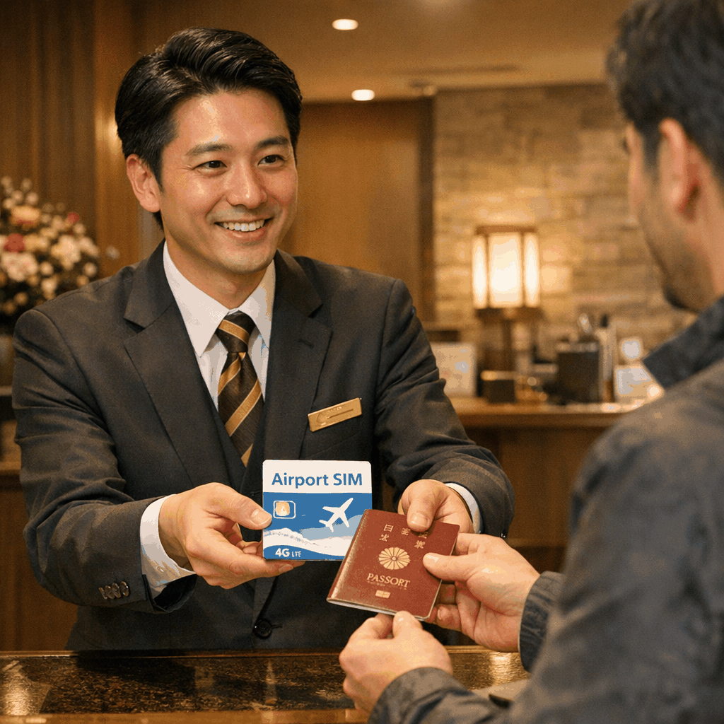 Hand holding a prepaid SIM card and a passport at an airport service counter