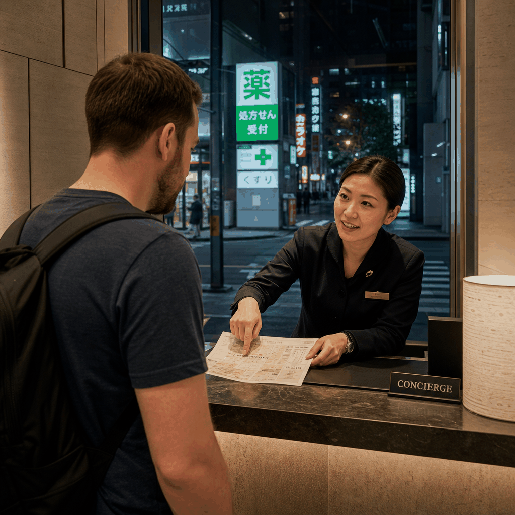 Tokyo hotel concierge helping an expat locate a nearby pharmacy