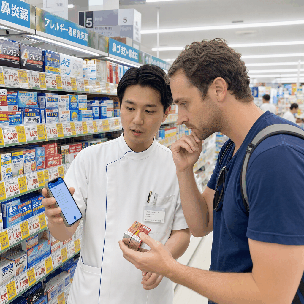 Drugstore counter in Tokyo with over-the-counter medicine and pharmacist guidance