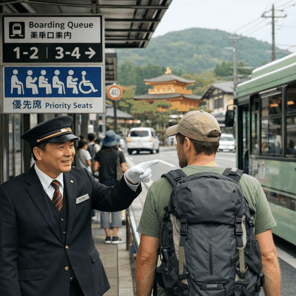 Concierge or tourist information staff demonstrating ICOCA card tap at a station gate