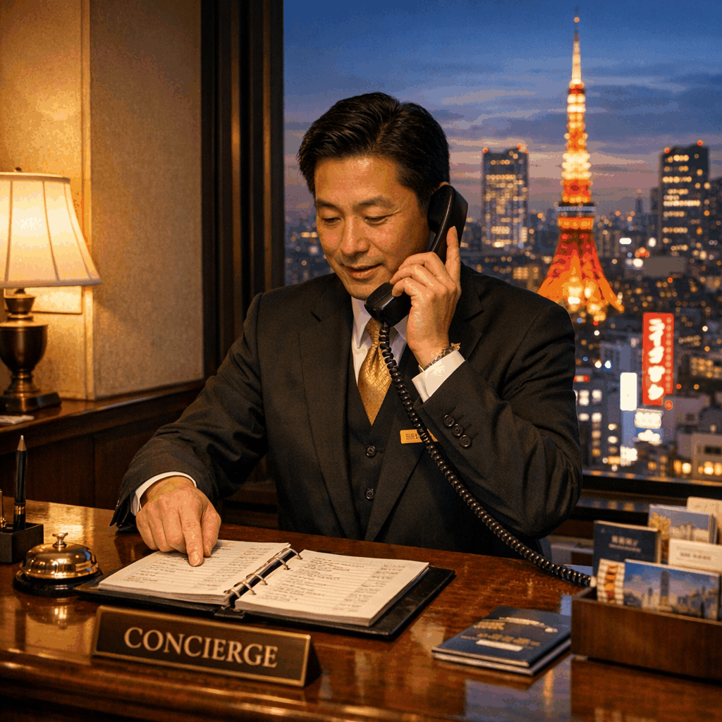 Concierge desk in a Tokyo hotel ready to assist guests with local services