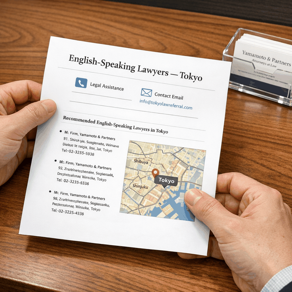 Printed brochures and contact lists for legal help in Tokyo including bar association and