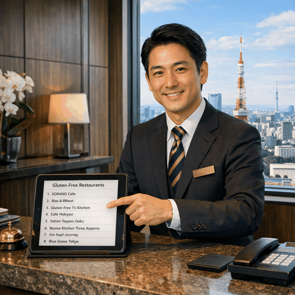 Concierge speaking on phone making a restaurant reservation in Tokyo