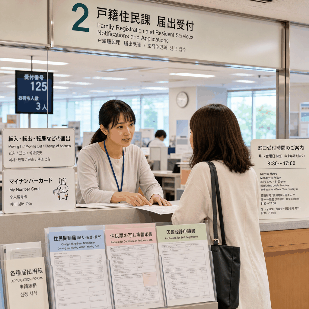 Tokyo ward office counter for resident registration during a move-in procedure