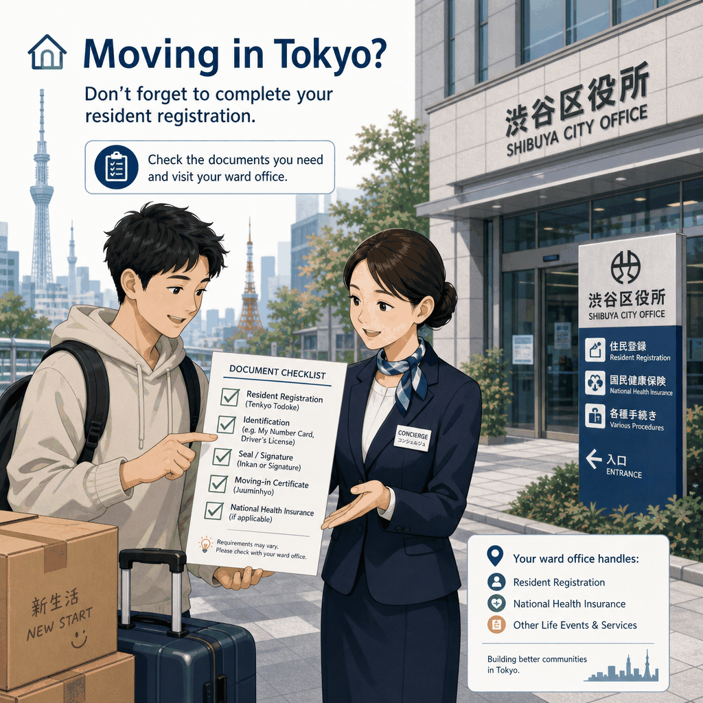Concierge helping prepare documents for a Tokyo moving-in notification