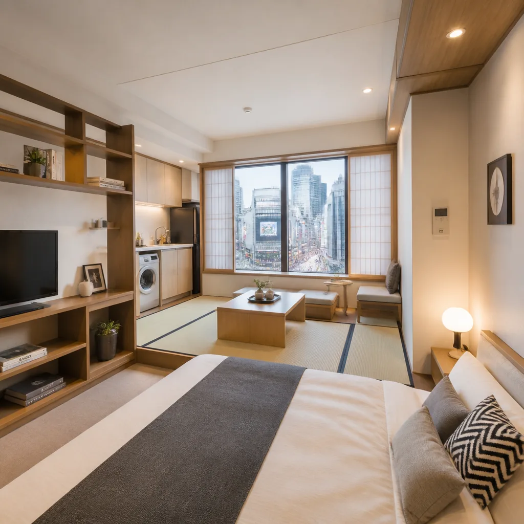 Serviced apartment interior in central Tokyo with furniture and work desk