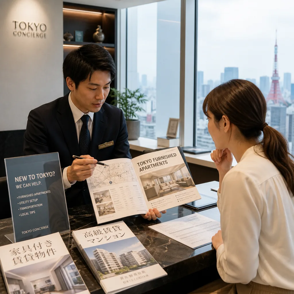 Concierge helping a newcomer compare furnished apartment options in Tokyo