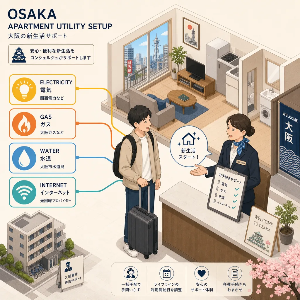 Osaka apartment move-in checklist with electricity, gas, water, and internet notes
