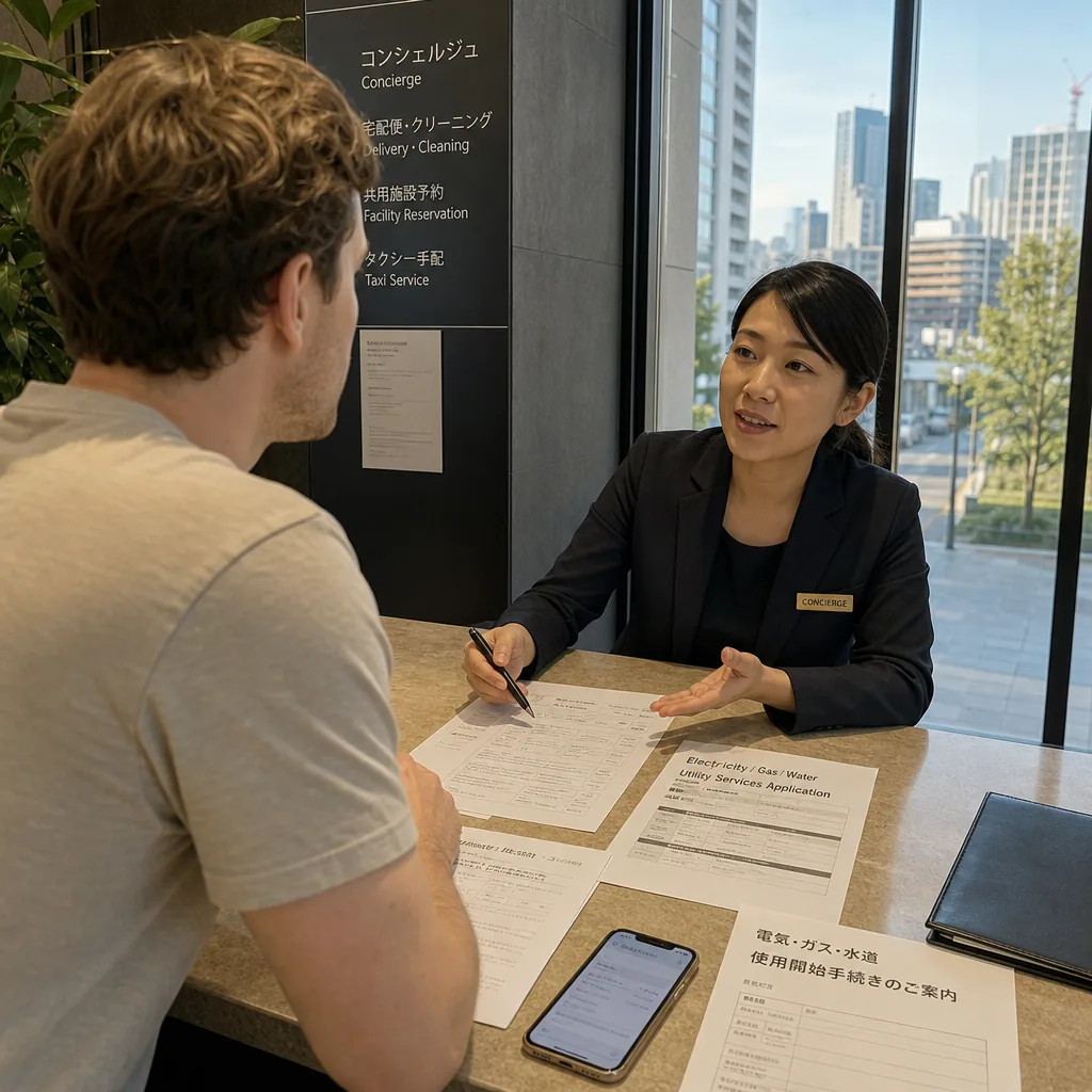 Concierge helping a new arrival in Osaka review utility setup forms