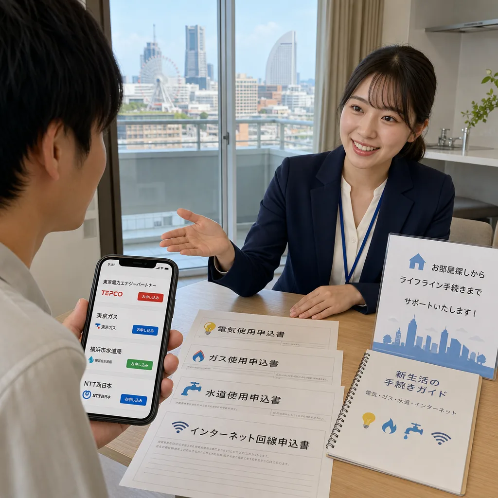 Yokohama apartment move-in scene with utility coordination paperwork