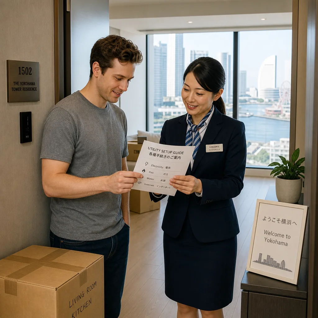 Concierge helping a new resident organize utility setup in Yokohama