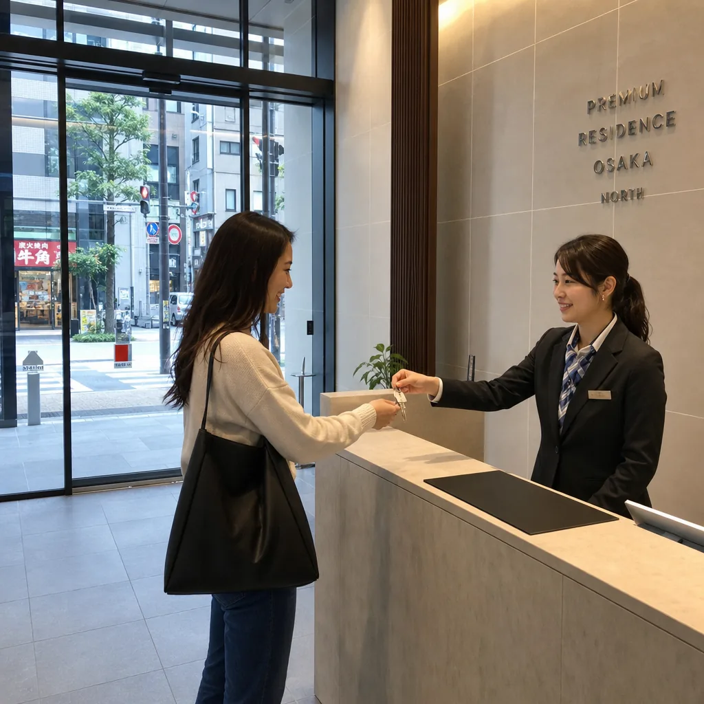 Concierge desk at a managed apartment building in Osaka assisting with key handover