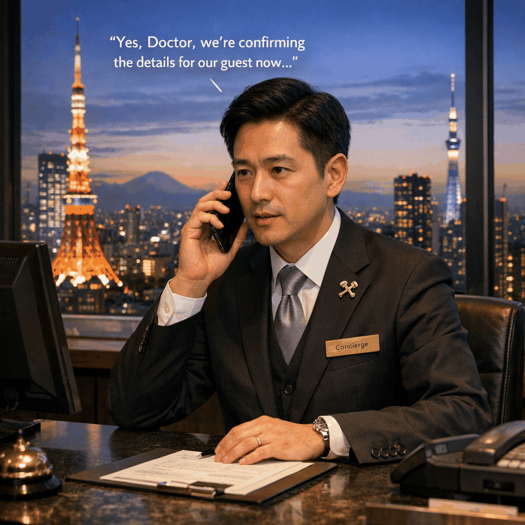 Concierge desk in a Tokyo hotel helping a guest with hospital arrangements