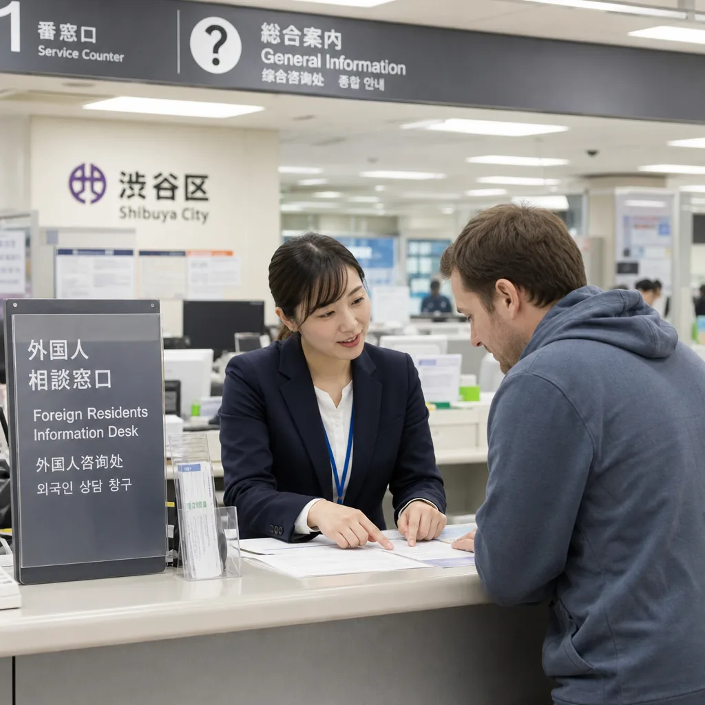A concierge helping a newcomer prepare Tokyo ward office moving paperwork