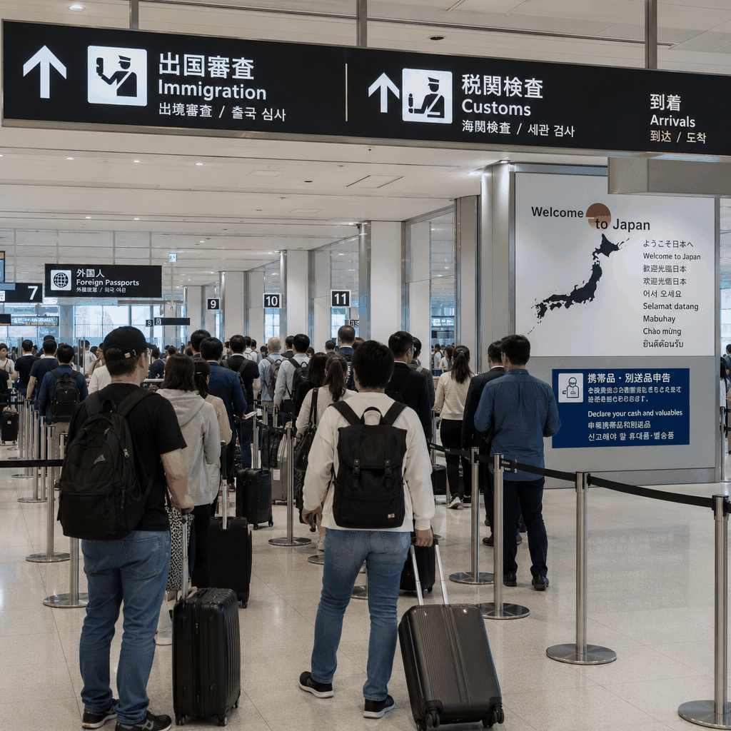 Tokyo airport arrival process with a concierge helping organize Visit Japan Web documents before