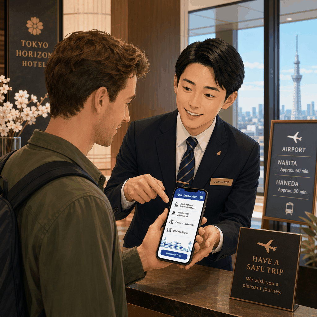 Traveler at Narita or Haneda airport following Tokyo arrival procedures for immigration and customs