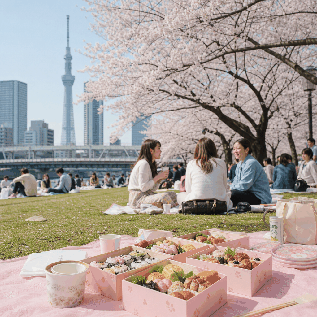 Cherry blossom picnic with hanami bento in Tokyo park